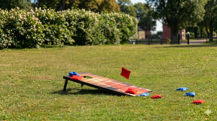 Cornhole-pihapeli ja hernepussit nurmikolla, hauska ulkolelu koko perheelle.