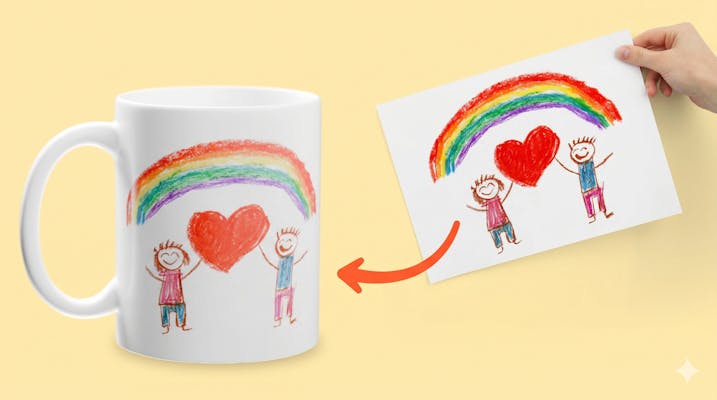 Eine weiße Keramiktasse mit einer bunten Kinderzeichnung einer Familie unter einem Regenbogen. Daneben liegt die Originalzeichnung auf Papier. Dies zeigt, wie man Kinderkunst als personalisiertes Geschenk für Lehrer verewigen kann.
