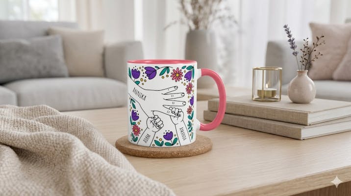Vit keramikmugg med texten 'Hand i hand' och personligt namn. En omtänksam present till nybliven mamma för lugna stunder.