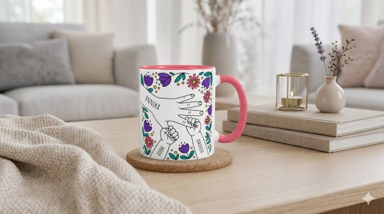 Vit keramikmugg med texten 'Hand i hand' och personligt namn. En omtänksam present till nybliven mamma för lugna stunder.