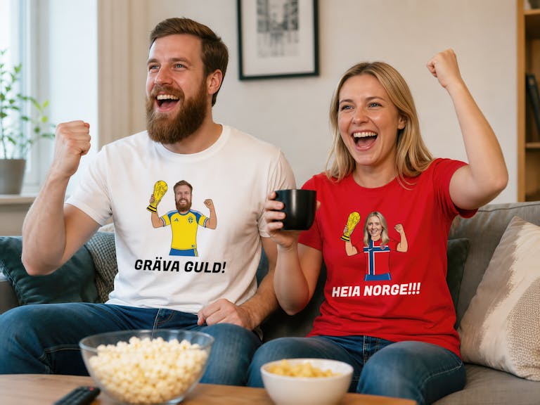 Två glada fotbollssupportrar i tv-soffan som bär roliga, personliga t-shirts med eget fototryck. Ett unikt alternativ till en klassisk Sverige VM tröja.