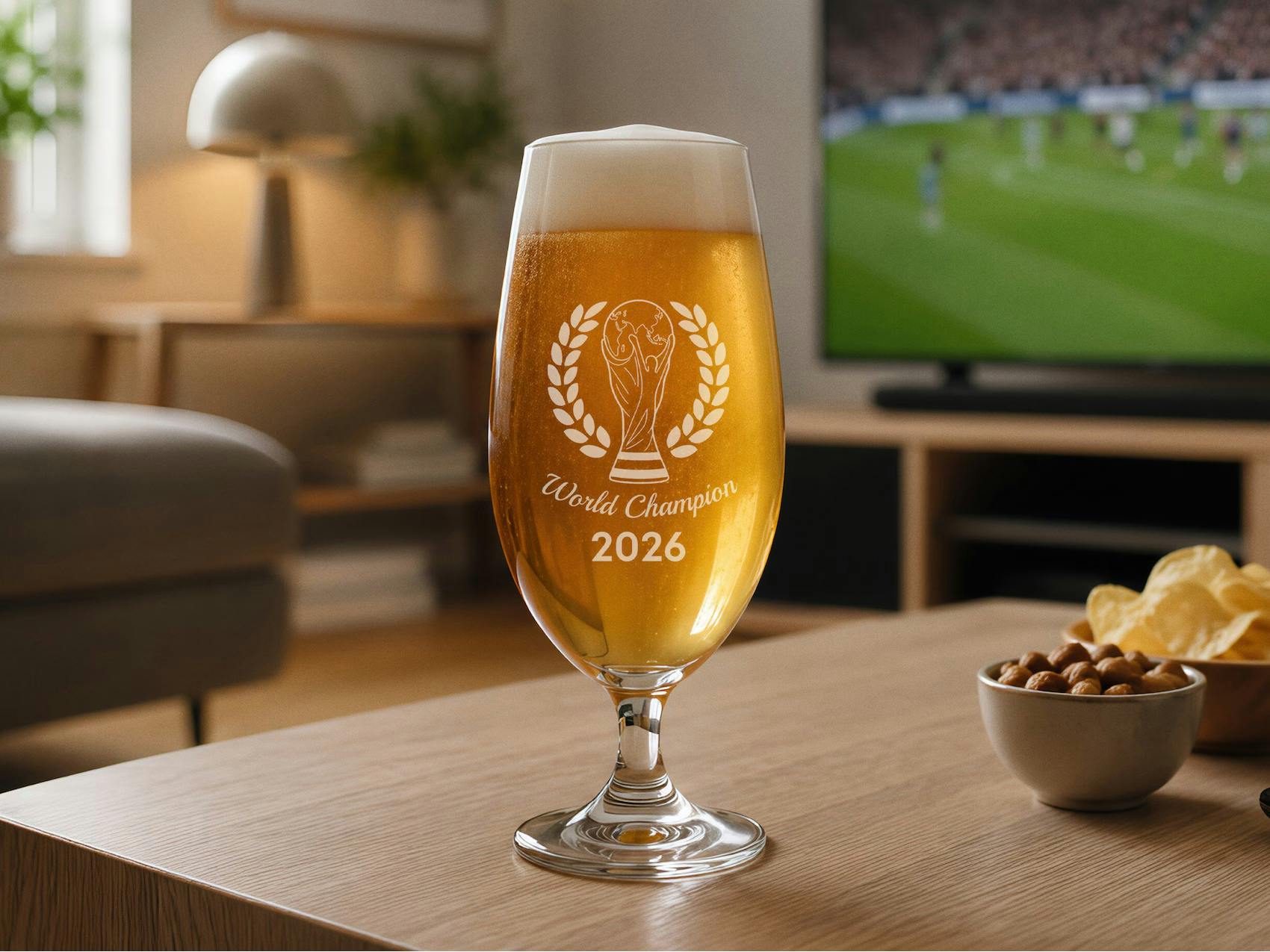Ett exklusivt Spiegelau ölglas i kristall fyllt med öl, stilrent graverat med texten "World Champion 2026", framför en tv som visar fotboll.