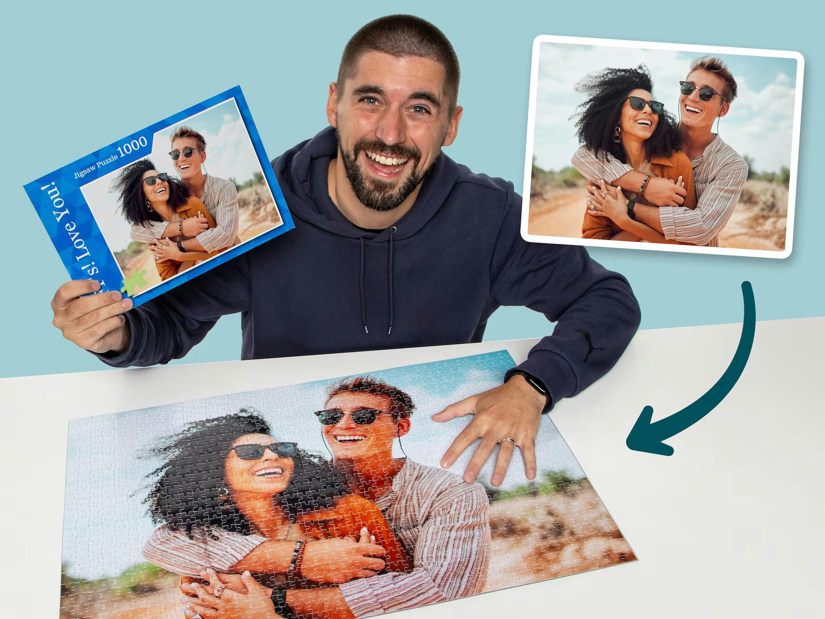 Ett unikt fotopussel som visar en bild på ett par, en kreativ och personlig gåva till babyshower.