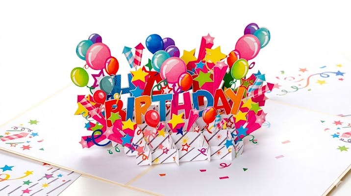 Et fargerikt 3D 'Happy Birthday' pop-up-kort med ballonger og stjerner. En perfekt og overraskende gave for å si gratulerer med dagen på etterskudd
