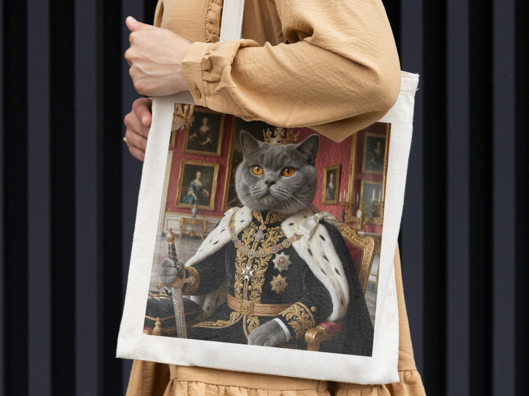Närbild på en person som bär en vit tygpåse (tote bag) över axeln. Tygpåsen har ett unikt tryck av ett personligt husdjursporträtt, där en grå katt har infogats på en ståtlig kunglig kropp med krona, mantel och ett svärd i en historisk slottsmiljö.