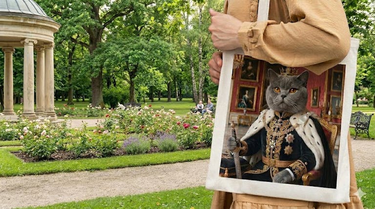 Närbild på en person som bär en vit tygpåse (tote bag) över axeln utomhus i en grönskande park med rosenrabatter och en stenpaviljong i bakgrunden. Tygpåsen har ett unikt tryck av en grå katt som har infogats på en ståtlig, kunglig kropp med krona och mantel.