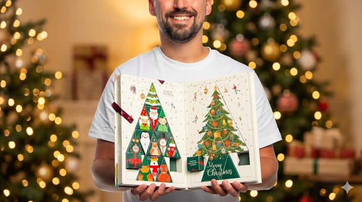 En leende man med skägg håller upp en stor, öppen English Tea Shop adventskalender. Kalendern visar ett pop-up-träd med illustrerade figurer och en dekorerad gran med texten 'Merry Christmas'. Varm julbokeh i bakgrunden.
