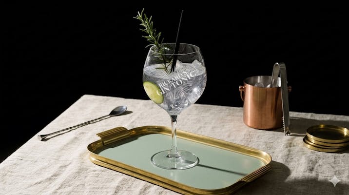 Et stort, graveret gin glas med teksten "Rickard's Gin/Tonic" fyldt med is, agurk og rosmarin, placeret på en guldfarvet serveringsbakke mod en mørk baggrund.
