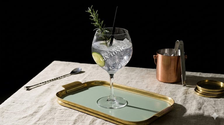 Et stort, graveret gin glas med teksten "Rickard's Gin/Tonic" fyldt med is, agurk og rosmarin, placeret på en guldfarvet serveringsbakke mod en mørk baggrund.