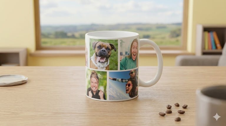 Et hvidt fotokrus med en personlig billedcollage står på et lyst træbord. På kruset ses glade billeder af en hund og venner, der griner sammen.