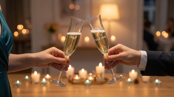 Nærbilde av to hender som skåler med inngraverte champagneglass i romantiske omgivelser med levende lys.