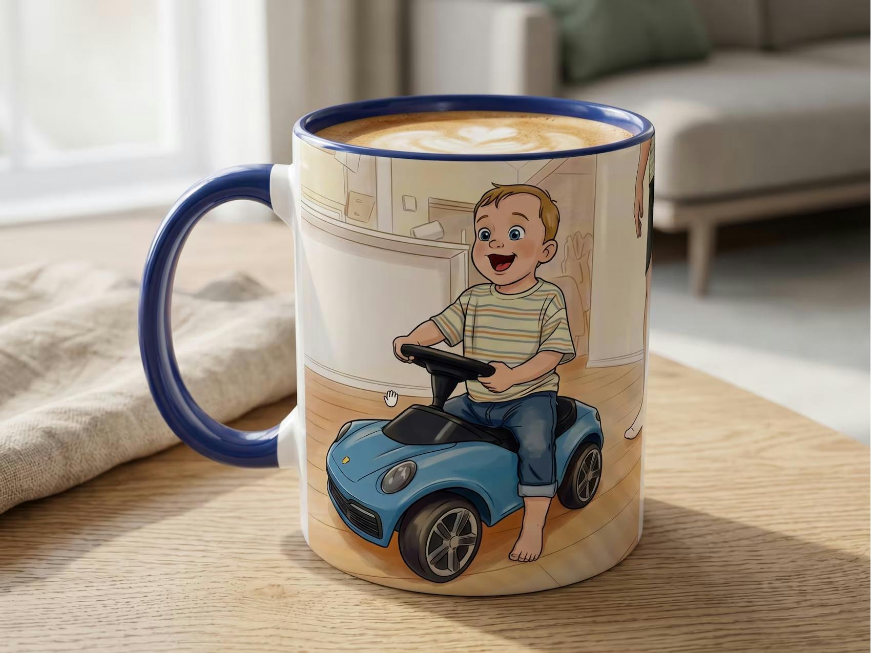 På et trebord står et hvitt kaffekrus med blå kanter, dekorert med et personlig tegneseriemotiv av en glad, barbent gutt i en blå tråbil. Rundt kruset ser man en tallerken med sjokoladekjeks, et glass sitronvann og krydderbøsser i en lys stue.