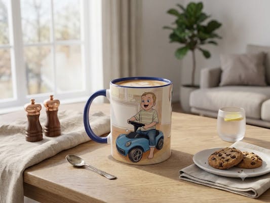 På et trebord står et hvitt kaffekrus med blå kanter, dekorert med et personlig tegneseriemotiv av en glad, barbent gutt i en blå tråbil. Rundt kruset ser man en tallerken med sjokoladekjeks, et glass sitronvann og krydderbøsser i en lys stue.