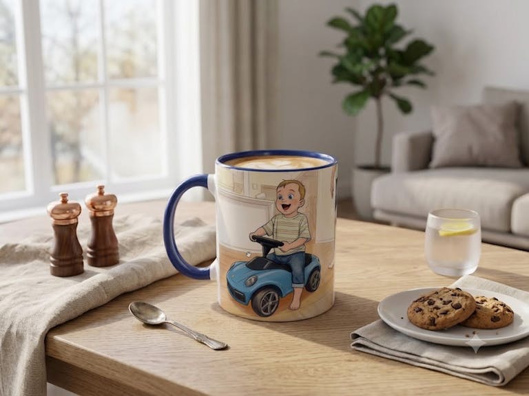 På et trebord står et hvitt kaffekrus med blå kanter, dekorert med et personlig tegneseriemotiv av en glad, barbent gutt i en blå tråbil. Rundt kruset ser man en tallerken med sjokoladekjeks, et glass sitronvann og krydderbøsser i en lys stue.