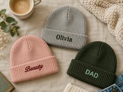 Ribstrikket hue med egen tekst