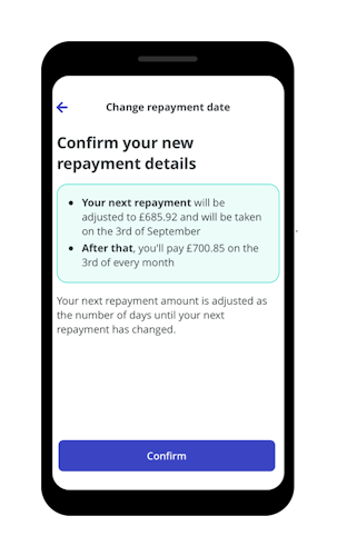 Screenshot of the confirm your new repayment details screen in the Zopa app