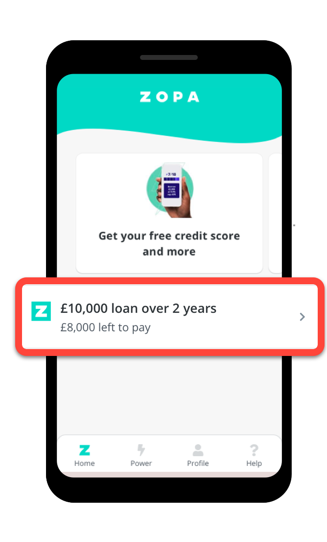 Screenshot of the home screen of the Zopa app