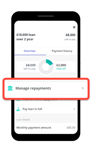 Screenshot of the loan home screen in the Zopa app with the 'manage repayments' section highlighted