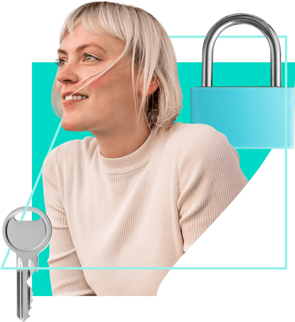 Young woman in a sweater looking out and smiling with a padlock and key in the background