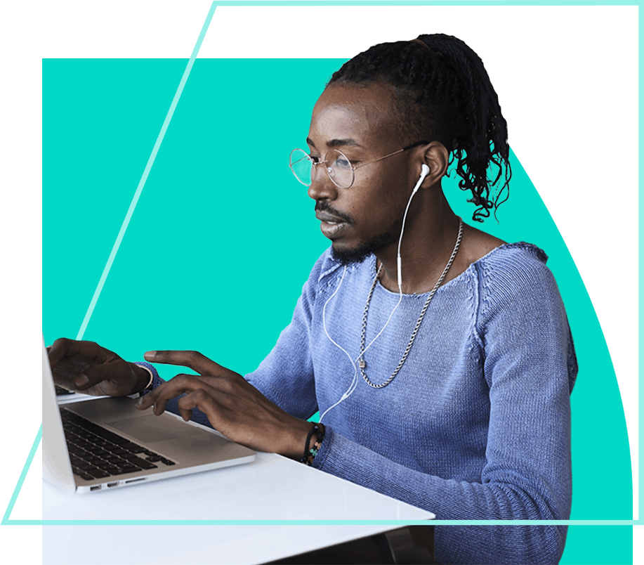 Man with glasses and headphones on his laptop