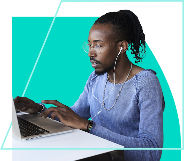 Man with glasses and headphones on his laptop