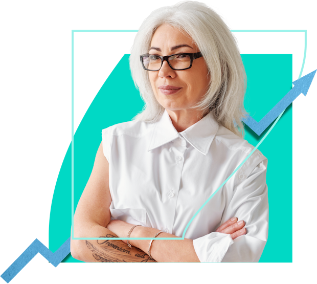 Woman with glasses and arms crossed looking to the left