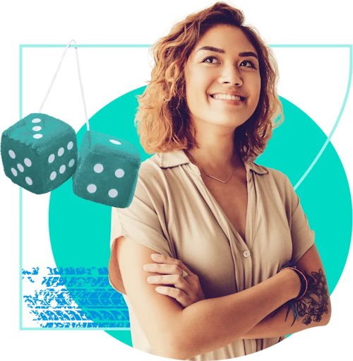 Woman smiling with fuzzy dice