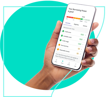 Hand holding a mobile phone that is showing the borrowing power app