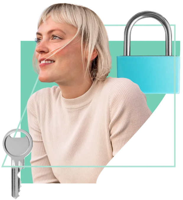 Woman smiling with a lock and key