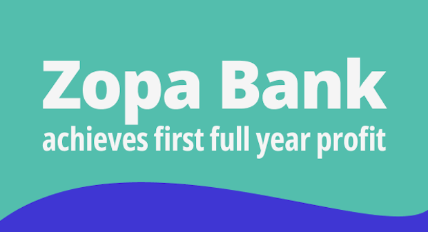 A simple image with text reading 'Zopa Bank achieves first full year profit'