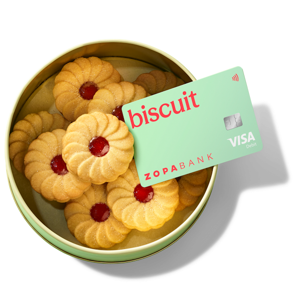Biscuits and a Zopa Debit card in a bowl