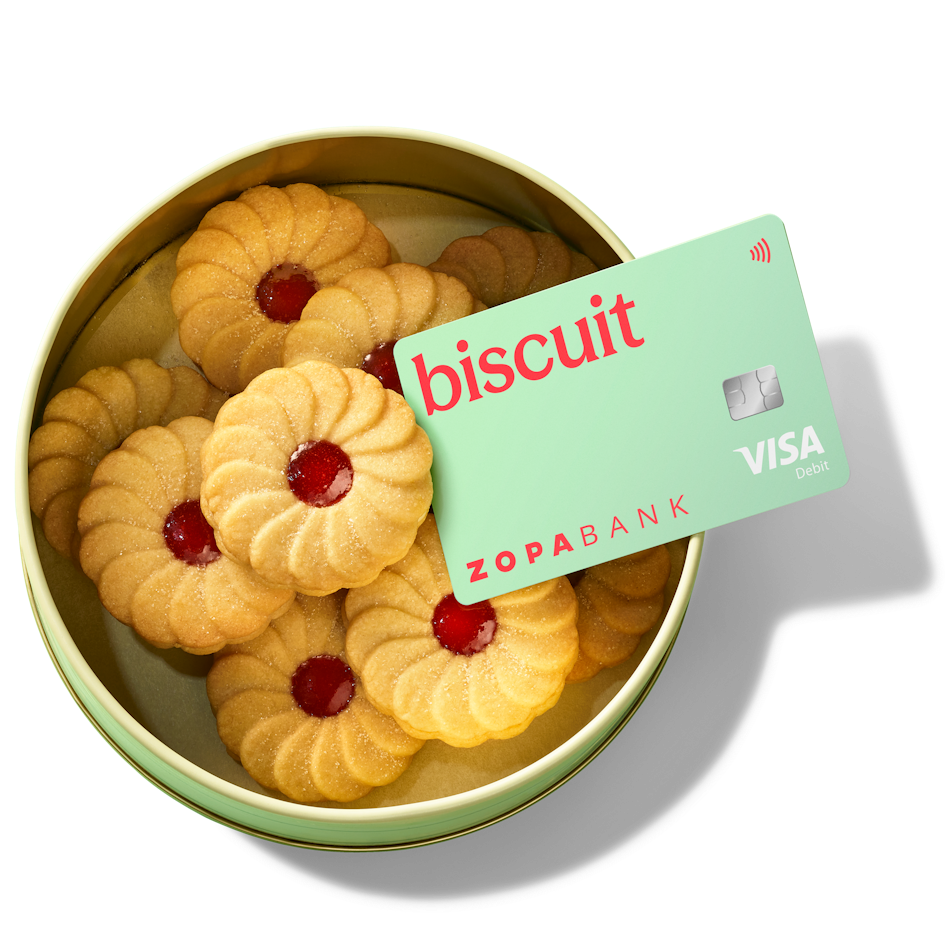 Biscuits and a Zopa Debit card in a bowl