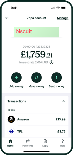 Mobile phone showing the zopa current accounts dashboard