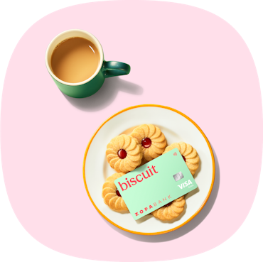 Biscuit bank card on a plate of biscuits and a mug of tea