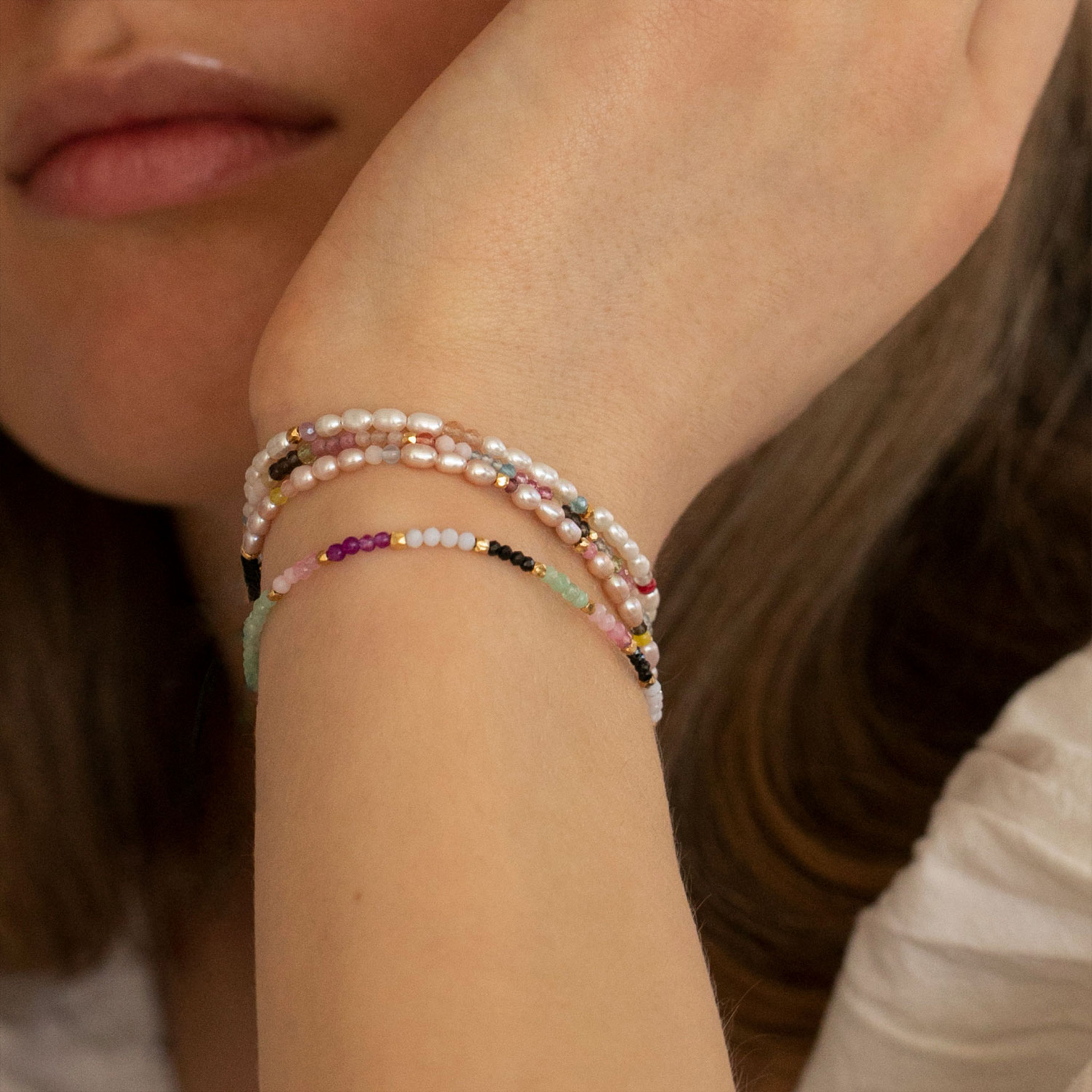 Confetti Pearl Bracelet With Pink Pastel Mix With Pink Ribbon