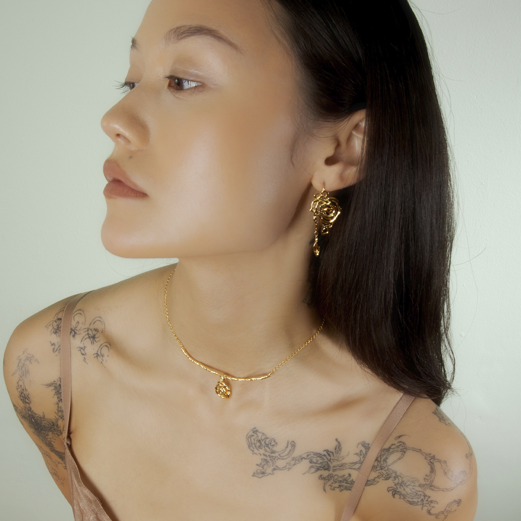 Rose Earring With Leaf Drop Left