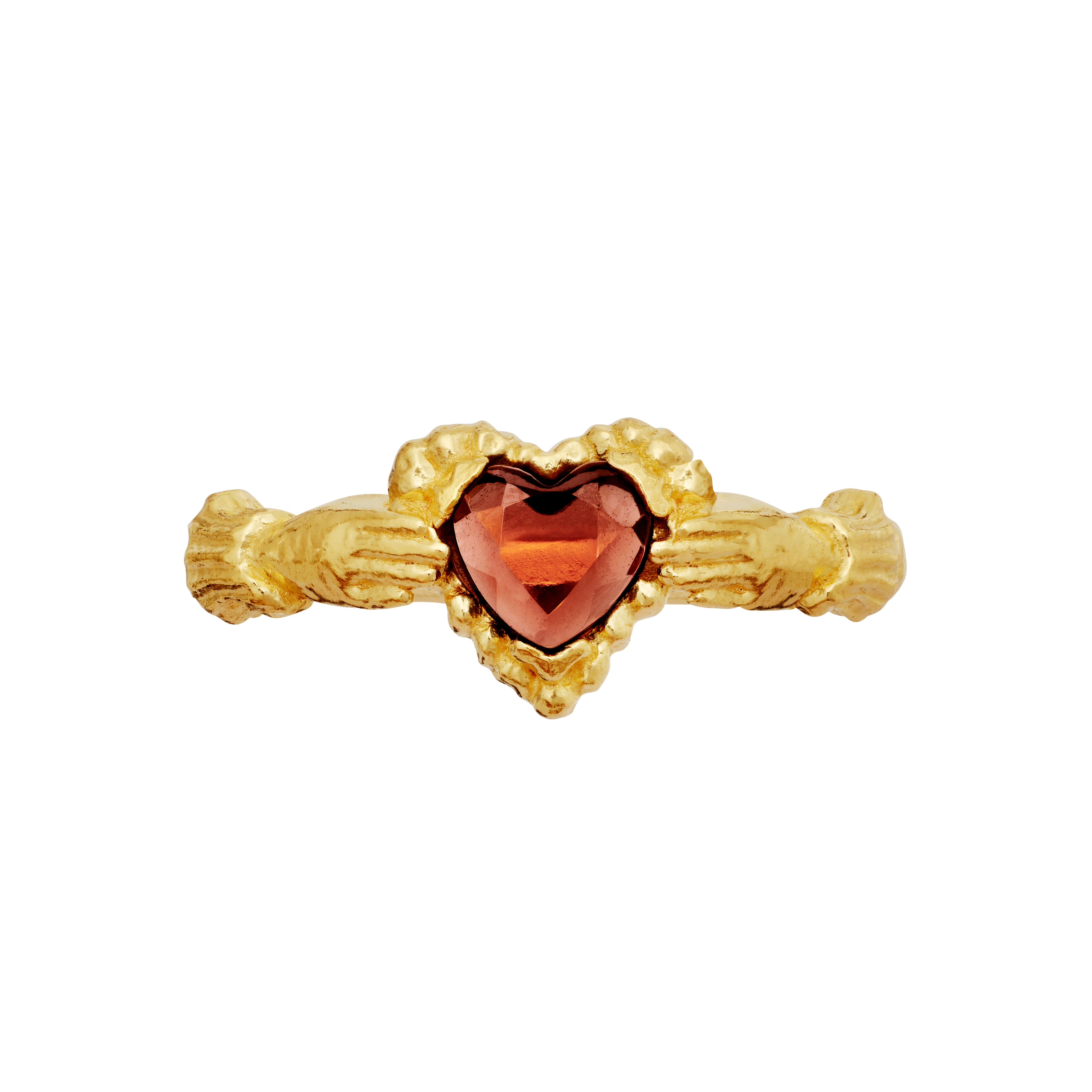Golden heart ring with red garnet from the top