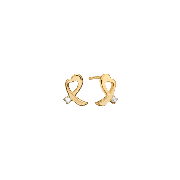 Heart Stud Earrings, Diamond, 8kt - Guld farve, Hvid