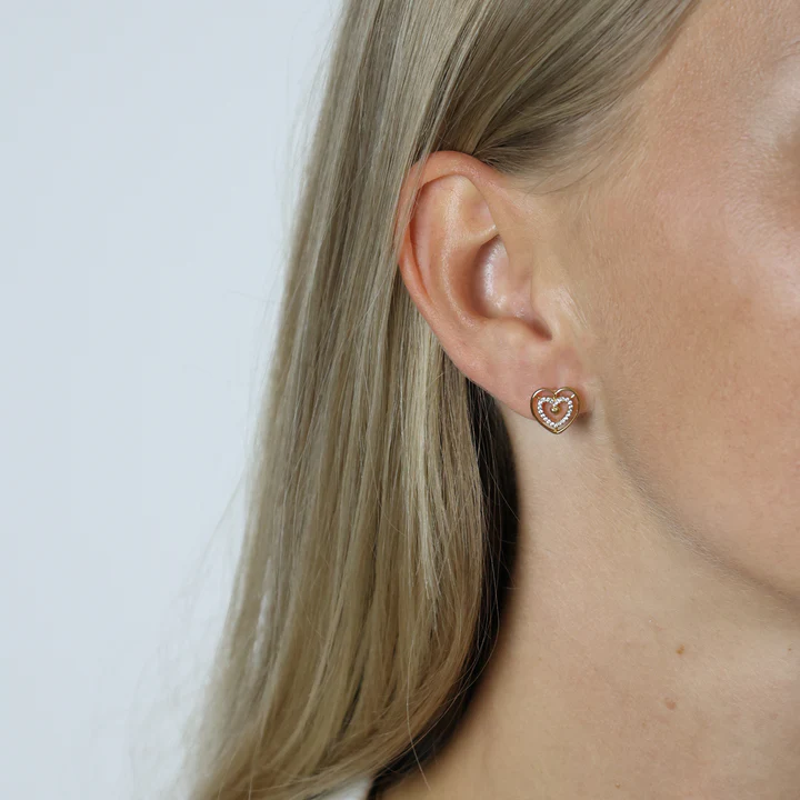Heart Stud Earrings, CZ, 8kt