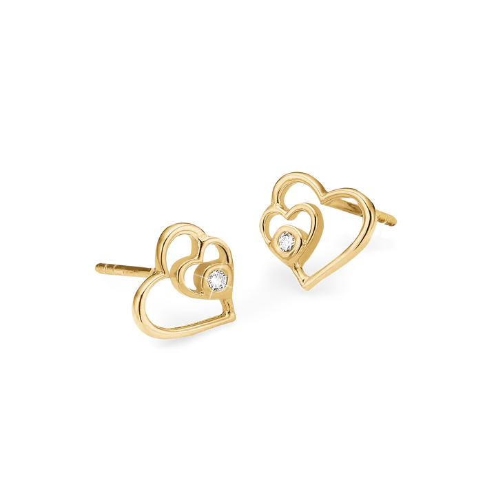 Hearts Stud Earrings, LGD, 8kt - Guld farve, Hvid