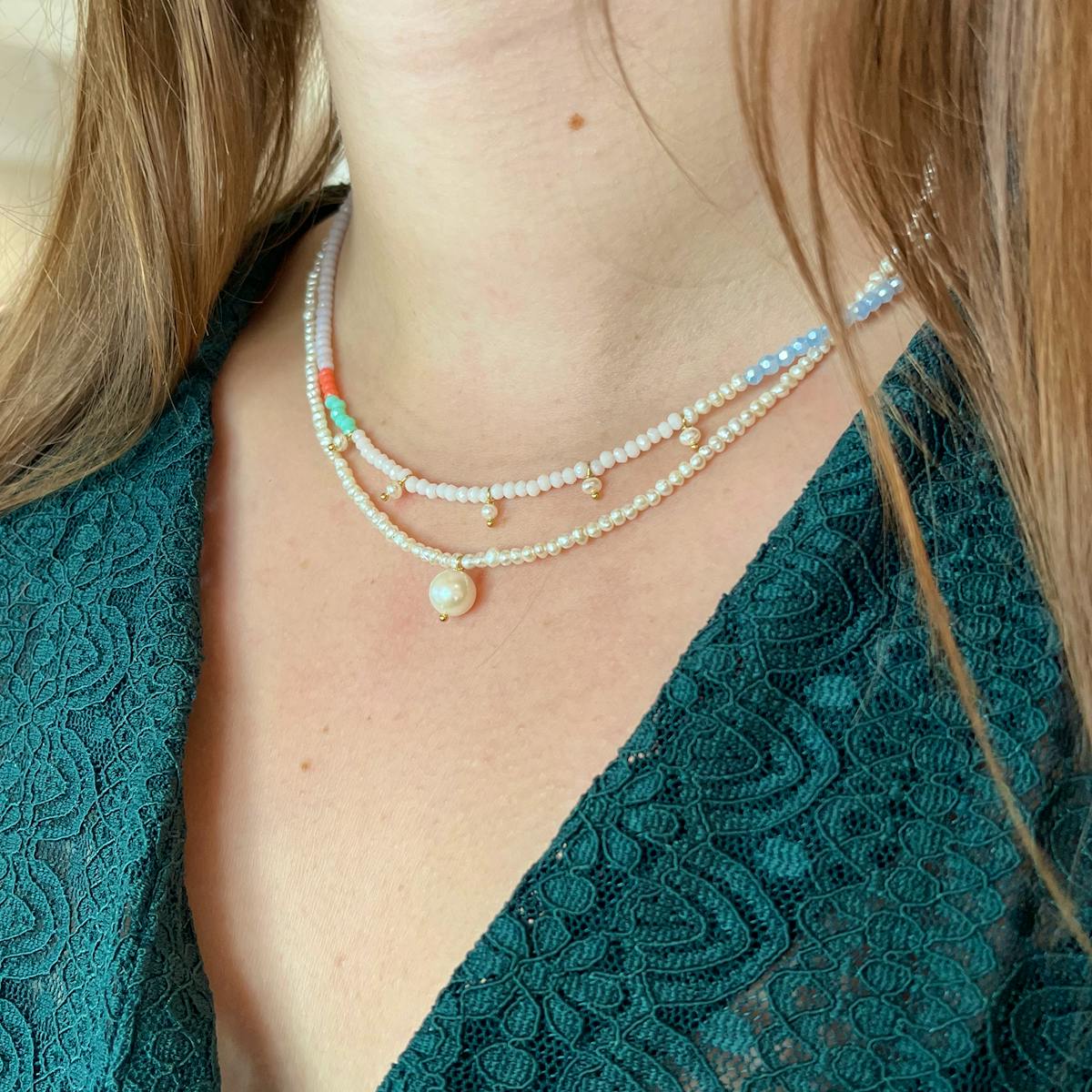 STINE A Jewelry — Heavenly Pearl Dream Necklace With Five Pendants Coral & Cool Mint STINE A Jewelry Heavenly Pearl Dream Necklace With Five Pendants Coral & Cool Mint — Halskjeder