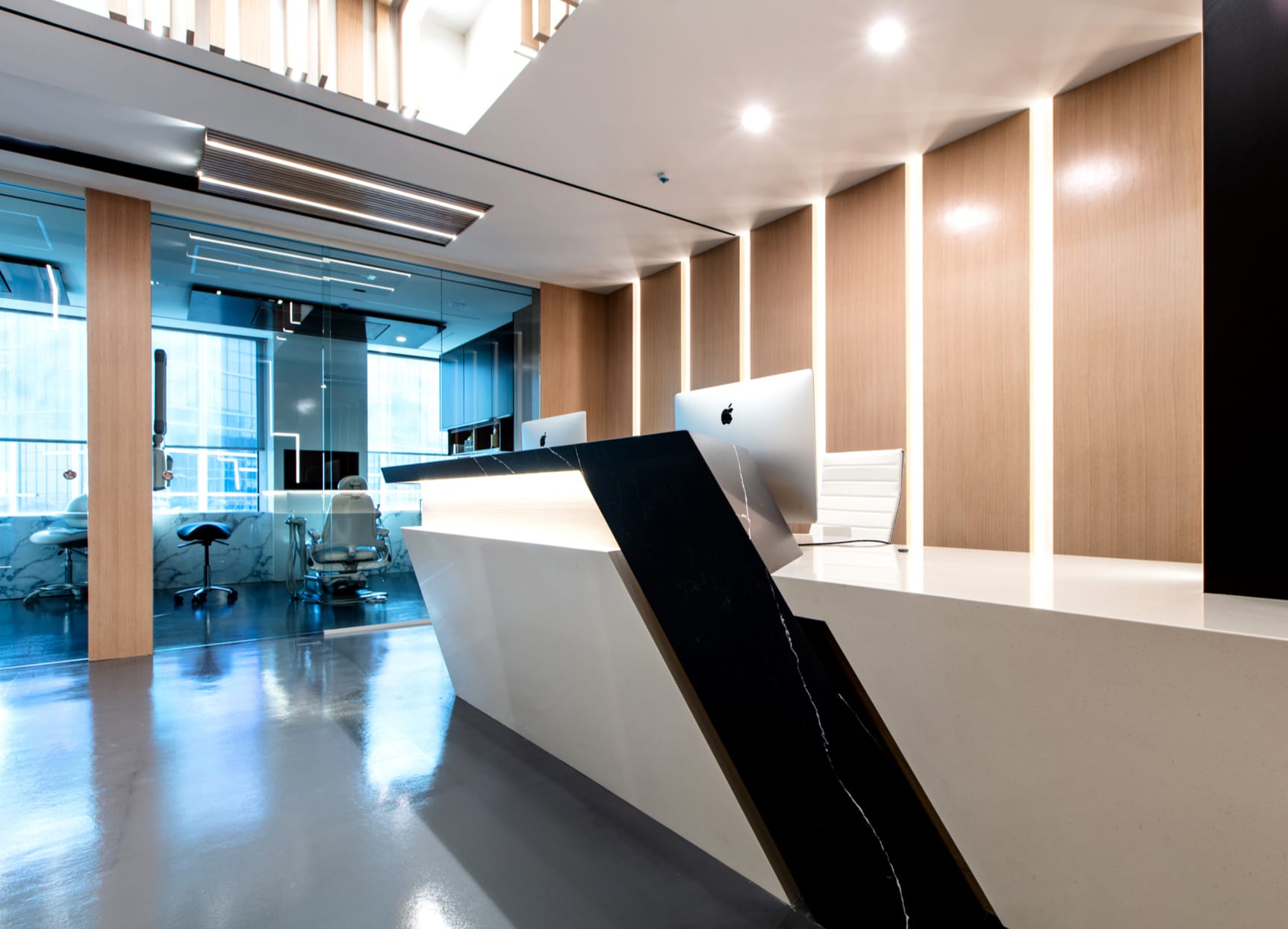 Receptionist desk - clean, modern, sleek lines. 
