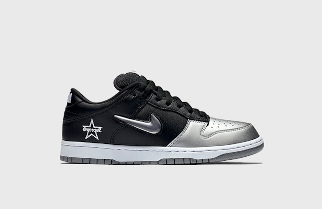 Supreme x Nike SB Dunk Low "Jewel Swoosh Silver"