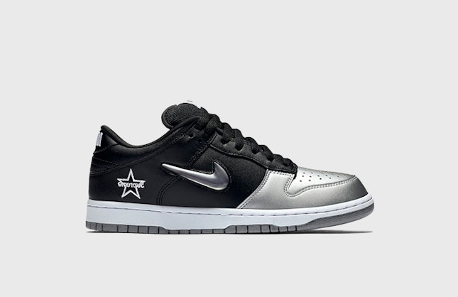 Supreme x Nike SB Dunk Low "Jewel Swoosh Silver"
