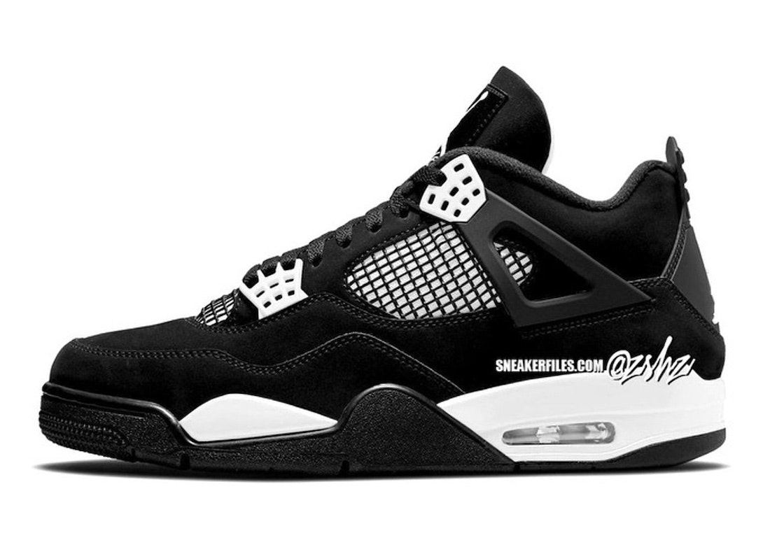 Ein Detailbild des Air Jordan 4 "White Thunder" Sneaker. Der Schuh hat ein schwarzes Wildleder-Obermaterial mit weißen Akzenten.