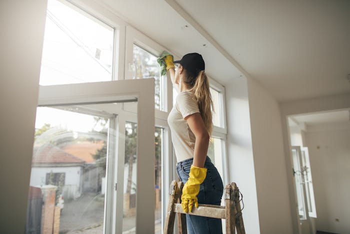 Eine Frau mit Basecap nimmt die Endreinigung ihrer Wohnung vor und putzt gerade den Fensterrahmen.
