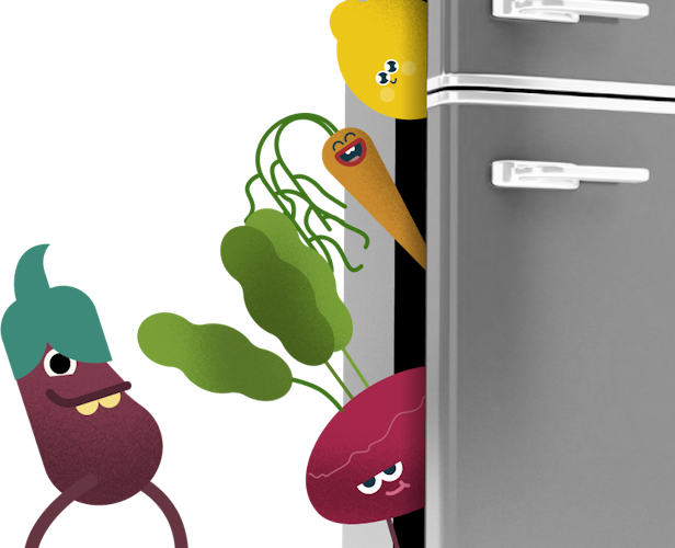 Cartoon vegetables characters coming out of fridge