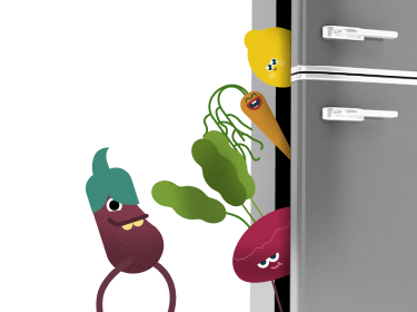 Cartoon veggie characters coming out of a fridge
