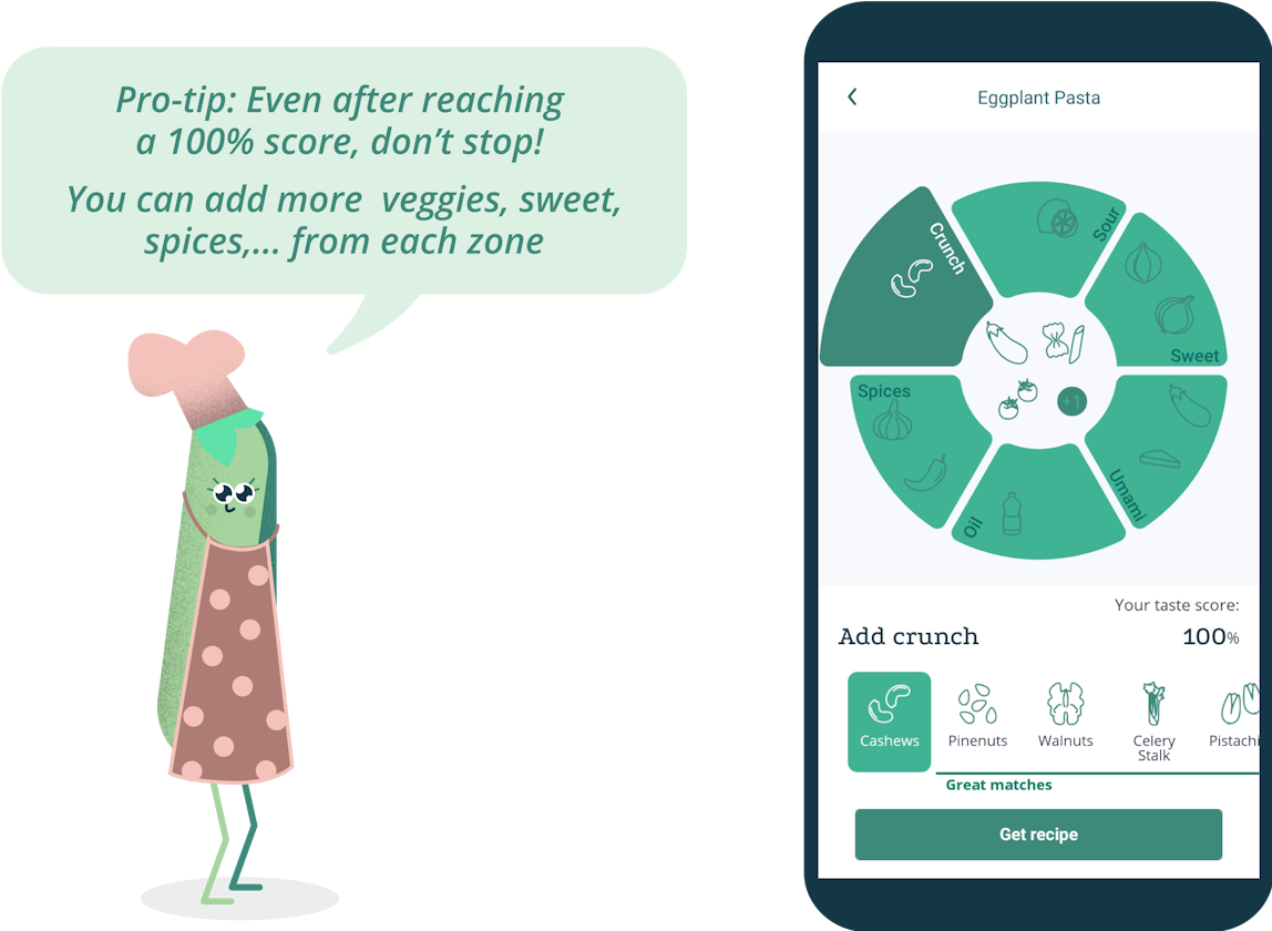 Another phone screen showing GastroWheel and a pea cartoon character saying: "Pro-tip: Even after reaching a 100% score, don't stop! You can add more veggies, sweet, spices etc. from each zone"