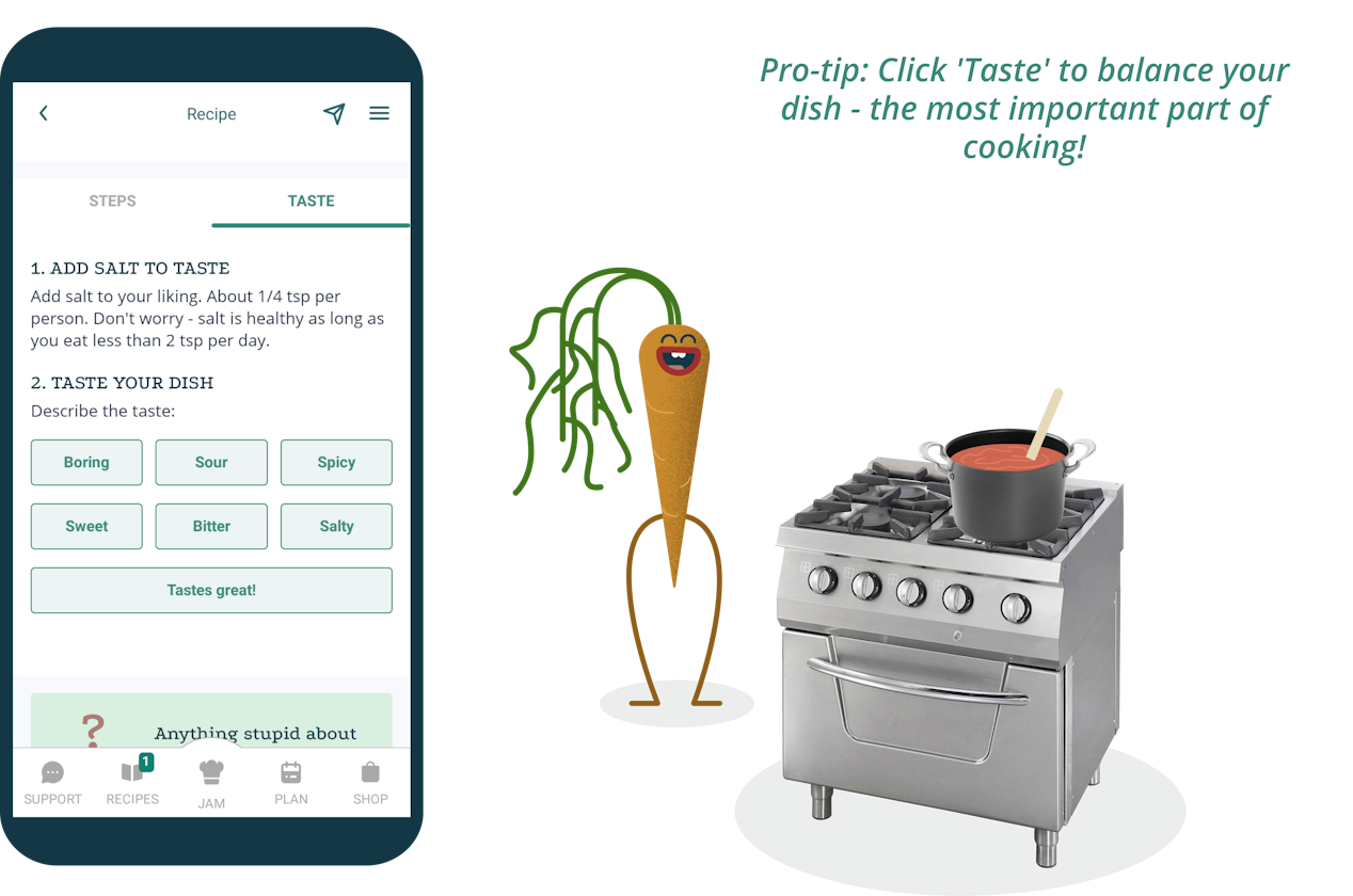 Phone screen showing the Taster feature and a cartoon carrot character saying: "Pro-tip: Click Taste to balance your dish - the most important part of cooking!"